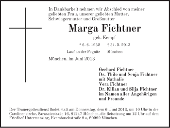 Traueranzeige von Marga Fichtner von Pegnitz-Zeitung